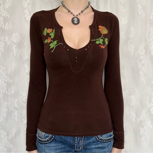 Y2K 2000s Fairycore Brown Long Sleeve Top - Picture 3 of 7
